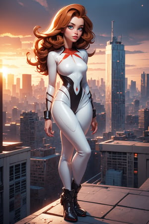 Top quality, ultra high resolution, realistic realism, sunlight, full body portrait, amazing beauty, dynamic pose, cowboy shot, delicate face, vivid eyes, (from the front), she is in a spiderman suit, orange color and white color scheme, spider, highly detailed city roof background, rooftop, overlooking the city, detailed face, detailed complex busy background, messy and gorgeous milky white color, highly detailed skin, realistic skin details, visible pores, clear focus, volumetric fog, 8k UHD, DSLR, high quality, film grain, fair skin, photorealism, lomography, futuristic dystopian megalopolis, translucent