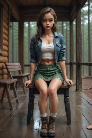 Professional photo of a spring pine forest in the rain, beautiful girl sitting on a wooden chair. wearing croptop lumberjack shirt with white bra underneath, low waist {{ultra short}} micro miniskirt, low rise miniskirt, long slender legs, combat boots, View from an old dark (porch:1.2), path, overhang. Contrast, detailed, hires, UHD, 8K, aesthetic portrait