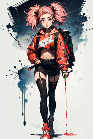 full_body, 14 year old, cute urban street kid girl with pink and gree hair in twin pigtails, wearing crop top hoodie, mini skirt and thigh highs, carrying a large backpack, holding an oversized machette, blood splatter background, decapitated zombie head at her feet, pop art style midjourney, 1 girl, SAM YANG, realhands, SAM YANG
