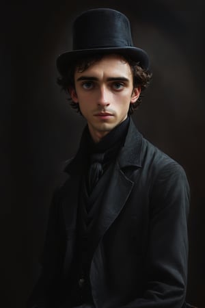 Timothée Chalamet, Austin Butler, (Masterpiece, Best quality), (exterior night, image of a man, thin with very marked cheekbones, an aquiline nose and penetrating gray eyes, wearing elegant Victorian-era clothing, black clothes, a very dark gray top hat, outside at night on the street of old London) (finely detailed eyes), (finely detailed eyes and detailed face), (Extremely detailed CG, Ultra detailed, Best shadow), full body, (extremely fine and detailed), (Perfect details), (Depth of field),dark, sinister, darkness, directional side lighting, rim lighting, penetrating blue grey eyes