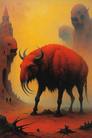 a painting in style of zdzislaw beksinski, reddish and yellowish background, undefined creatures in the foreground