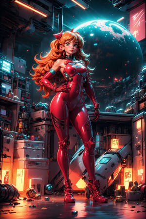 (best quality, masterpiece, colorful, dynamic angle, highest detailed), ((full body image)), 18yr old, (Asuka Langley), upper body photo, fashion photography of cute girl (Asuka Langley), long pink hair, dressing high detailed Evangelion all red suit, (medium tear-shaped breasts), (((bare arms))), (high resolution textures), in dynamic pose, bokeh, (intricate details, hyperdetailed:1.15), detailed, (fantasy art background), (official art, extreme detailed, highest detailed), HDR+, Futuristic room, volumetric fog, 8k UHD, DSLR, high quality, film grain, fair skin, photorealism, lomography, futuristic dystopian megalopolis, translucent, Nice legs and hot body