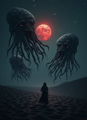 Portrait style, realism, hyper realistic, photography, oil painting, blurry effect, dynamic movement poses, Best quality, 4K, 8K, high-resolution, masterpiece, ultra-detailed, photorealistic
.
.
( photo of a black sand desert, several giant black otherworldly creatures with cable-like hanging tentacles are floating in the starry sky, a faint red sun barely shines through the cloud cover, highly detailed, cinemascope, moody, epic, photorealistic, color graded cinematic, atmospheric lighting, award winning photo, film grain ), 
.
.
Digital illustration, Digital Painting, digital art style, full body, fantasy detailers, more details, oil painting effect, fantasy art style,