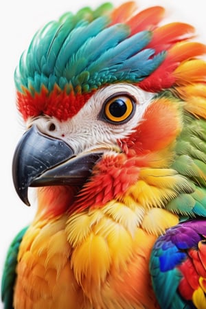 close up of the head of a beautiful highly colored feathered bird, beautiful coloration of the feathers, high quality, 8k, sharp details, fine art painting, plain white background
