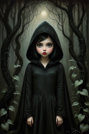 Painting in art style of Nicoletta Ceccoli, Daria Petrilli and Anton Semenov, minimalist style. Painting of a beautiful girl, in a dark sinister forest. totally naked wearing a black cloak and hood, feeling of forboding, creepy, eerie, dark, black creeping vines, sensual, erotic, sexual, nudity, nude, ,aesthetic portrait,tutelage_voy, in the style of esao andrews