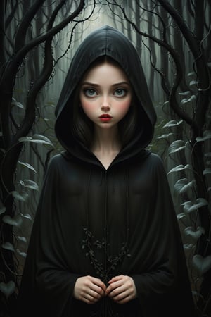 Painting in art style of Nicoletta Ceccoli, Daria Petrilli and Anton Semenov, minimalist style. Painting of a beautiful girl, in a dark sinister forest. totally naked wearing a black cloak and hood, feeling of forboding, creepy, eerie, dark, black creeping vines, sensual, erotic, sexual, nudity, nude, ,aesthetic portrait