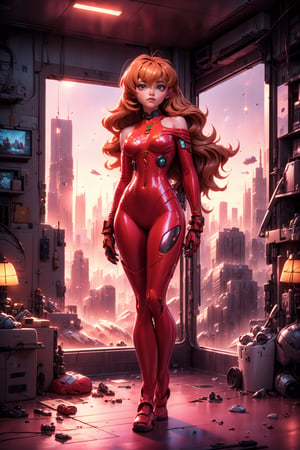 (best quality, masterpiece, colorful, dynamic angle, highest detailed), ((full body image)), 18yr old, (Asuka Langley), upper body photo, fashion photography of cute pink long hair girl (Asuka Langley), dressing high detailed Evangelion all red suit, (medium tear-shaped breasts), (((bare shoulder))), ripped suit, (high resolution textures), in dynamic pose, bokeh, (intricate details, hyperdetailed:1.15), detailed, (fantasy art background), (official art, extreme detailed, highest detailed), HDR+, Futuristic room, volumetric fog, 8k UHD, DSLR, high quality, film grain, fair skin, photorealism, lomography, futuristic dystopian megalopolis, translucent, Nice legs and hot body