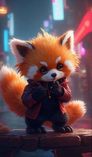 Cute little red panda, cyberpunk, playfull, happy,  cuteness overload, masterpiece, small centered composition, product shot, wallpaper art, Rule of Thirds, delicate, lovable, tiny, best, dynamic composition, magnificent, intense, perfect background, kawaii