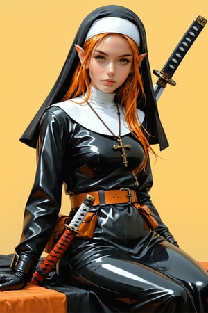 1girl,sexy,latex, thight,  solo, long hair, looking at viewer, , simple background, gloves, long sleeves, sitting, closed mouth, weapon, pointy ears, belt, sword, orange eyes, wariza, katana, sheath, yellow background, pouch, sheathed, orange background, nun, habit, scabbard, weapon on back