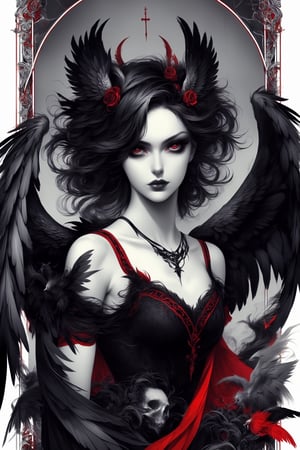 T-Shirt Design, border, sensual image of a beautiful female demon, large black feathered wings, satanic symbology, black red and grey colors, Decora_SWstyle