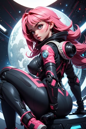 masterpiece, best quality, (detailed background), (beautiful detailed face, beautiful detailed eyes), absurdres, highres, ultra detailed, masterpiece, best quality, detailed eyes, upper body, 1_girl, cyberpunk scene, As she sits atop the alien beast, her long, pink hair cascades down her back, adding a touch of femininity to her otherwise tough and adventurous appearance. Her tight space suit shows off her figure, while her small breasts and large moon boots give her a unique and diverse look. With her big space helmet and jet pack, she is the epitome of a fearless space explorer.