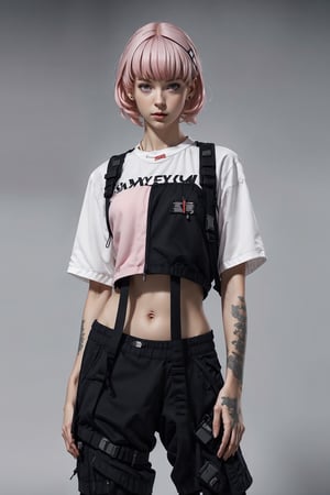 1girl, single girl, 20 year old girl with pink hair, short hair, sexy girl, ((full_body)), urban streetwear, tiny micro shorts, exposed abdomen, hyper detailed, studio photo, intricate details, highly detailed, by greg rutkowski, photography, ethereal, extremely detailed, delicate detail, crisp quality, ultra realistic, hyperrealistic, award jenny saville, edward hopper, surrealism, dark art by james jean, takato yamamoto, urban street background, urban techwear