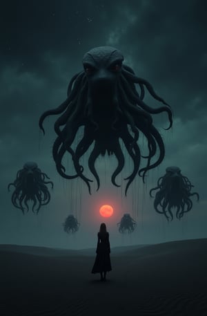 Portrait style, realism, hyper realistic, photography, oil painting, blurry effect, dynamic movement poses, Best quality, 4K, 8K, high-resolution, masterpiece, ultra-detailed, photorealistic
.
.
( photo of a black sand desert, several giant black otherworldly creatures with cable-like hanging tentacles are floating in the starry sky, a faint red sun barely shines through the cloud cover, dark silhouetted female figure in foreground, highly detailed, cinemascope, moody, epic, photorealistic, color graded cinematic, atmospheric lighting, award winning photo, film grain ), 
.
.
Digital illustration, Digital Painting, digital art style, full body, fantasy detailers, more details, oil painting effect, fantasy art style,