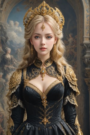 Elegantism, opulent scene, full portrait of a Rococo lady, heroic, black clothes, gold trim, castle, head and shoulders portrait, 8k resolution. (masterpiece, top quality, best quality, official art, beautiful and aesthetic:1.2), (1girl:1.4), upper body, blonde hair, portrait, extreme detailed, 