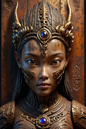 masterpiece, high contrast, extremely detailed, hyper realistic, ancient carved stone tribal sculpture, khmer style, beautiful naked female, ornate carvings, ancient runes, by Tomàs Barcelo, polychrome, old worn off paint, grunge, decay, old wood, driftwood, gold leaf, old wood background, dark low key lighting, rim lighting, DonM3lv3nM4g1cXL, ,DonMCyb3rN3cr0XL, cyborg