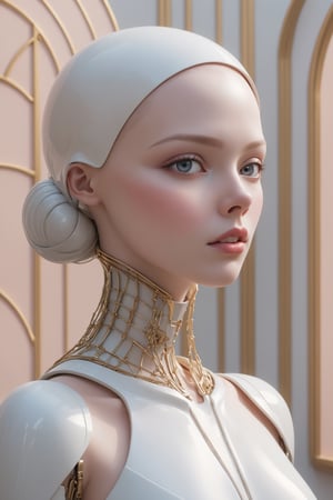 Masterpiece, {{{full_body}}}, {{{full_figure}}}, Oil painting of an anatomically correct female mannequin android, bald head, Pale white skin with a rubbery plastic look, glistening, pearlescent skin. beautiful face, made to look almost human, but has an eerie quality, vacant eyes, luscious pouting lips, dreamlike, hyperrealistic, instanely detailled soft color, dreamlike, surrealism, plain graduated pale background, intricate details, 3D rendering, octane rendering. Art in pop surrealism lowbrow creepy cute style. Inspired by Ray Caesar. Vintage art, ((art deco background)), opaque colors, light grain, indirect lighting, aesthetic portrait, DonMCyb3rN3cr0XL,