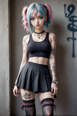 beautiful 20yo girl, a girl in Fairy Grunge fashion, blending ethereal charm with a touch of grunge edge, She wears a tiny micro miniskirt, sleeveless croptop, floral baseball boots and torn black stockings, creating a whimsical contrast to the rebellious aesthetic. Messy, multi-colored hair and makeup complete the look, perforated skirt, baseball boots, goth person, piercings, tattoos, ExStyle, Urban Grafitti covered concrete wall Background, AI_Misaki, p3rfect boobs, Wonder of Beauty,p3rfect boobs