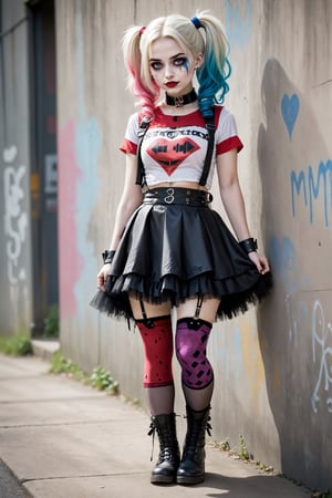 {{{full_body shot}}}, beautiful 18yr old girl, goth makeup, fairy grunge fashion, sad face, messy multi-colored hair, side fade, goth person, lace tutu miniskirt, black torn thigh high stockings, doctor marten boots, earings, nose stud, eyebrow piercing, Urban Grafitti covered concrete wall Background,HZ Steampunk,HarleyQuinn1024