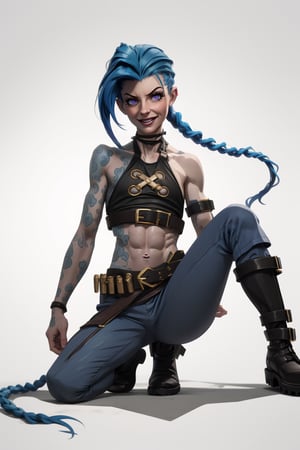 Beautiful skinny teenage girl, Jinx from Arcane, dark eyeliner, gothic style, blue messy hair, long floppy hair over eyes, long pigtails, crazy smile, japanese wave tattoos, 1girl, minimalism, detailed hazel eyes, dark red lips, simple background, masterpieces, top quality, best quality, official art, beautiful and aesthetic, vertically striped trousers cropped below knees, black halter neck crop top, skinny, muscular abs, arm bandages, twin belt straps,  black ankle combat boots, dynamic action pose,skinny,Tiny tits,JinxLol,Jinx