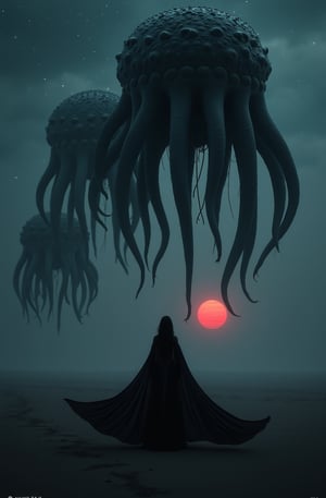 Portrait style, realism, hyper realistic, photography, oil painting, blurry effect, dynamic movement poses, Best quality, 4K, 8K, high-resolution, masterpiece, ultra-detailed, photorealistic
.
.
( photo of a black sand desert, several giant black otherworldly creatures with cable-like hanging tentacles are floating in the starry sky, tardigrade, a faint red sun barely shines through the cloud cover, dark silhouetted female figure in foreground with a very long flowing translucent cape flowing in the wind, highly detailed, cinemascope, moody, epic, photorealistic, color graded cinematic, atmospheric lighting, award winning photo, film grain ), 
.
.
Digital illustration, Digital Painting, digital art style, full body, fantasy detailers, more details, oil painting effect, fantasy art style,