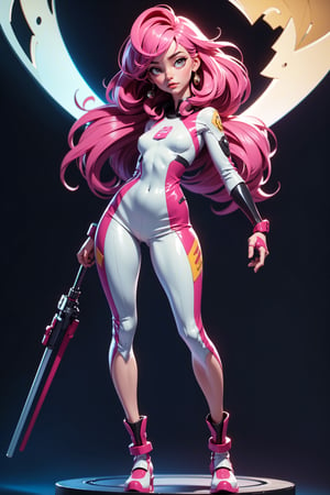 masterpiece, best quality, {{clean white background}}, (beautiful detailed face, beautiful detailed eyes), highres, ultra detailed, masterpiece, best quality, detailed eyes, full body, 1_girl, standing dynamic pose, long pink hair, slender figure, slender legs, slender hips. cybertronic metal arm, tight space suit showing off her slim figure, small breasts, large oversized moon boots, rubbersuit02