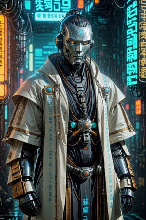 Retro style robot,android ,Wearing monk's robes, rosary,cyber cable,Clothing with sutras written on it, infused with a cyberpunk aesthetic, Envision the fusion of traditional monk attire with futuristic cyberpunk elements, such as metallic accents, neon lights, and augmented features, android embodying a harmonious blend of spiritual serenity and technological advancement,tranquility of monk attire,NO HUMAN,Robotman1024,rain,ROBOT