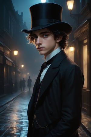 Timothée Chalamet, (Masterpiece, Best quality), (exterior night, image of a man, thin with very marked cheekbones, an aquiline nose and penetrating gray eyes, wearing elegant Victorian-era clothing, black clothes, a very dark gray top hat, outside at night on the street of old London) (finely detailed eyes), (finely detailed eyes and detailed face), (Extremely detailed CG, Ultra detailed, Best shadow), Beautiful conceptual illustration, full body, (illustration), (extremely fine and detailed), (Perfect details), (Depth of field),dark,scenery