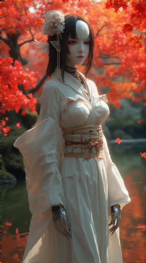 Masterpiece, Ultra High Resolution, 16k, HDR, Photorealistic: A sexy, highly detailed cyborg (((geisha))) with a high-gloss finish. The geisha has a glossy white plastic face and body, perfectly blending human beauty with robotic precision. She stands in a serene Japanese garden with vibrant momiji (maple trees) in the background. The scene captures the elegance of a beautiful woman with android features, combining traditional Japanese aesthetics with advanced technology.