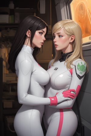 (RAW photo, best quality), (realistic, photo-Realistic:1.1), best quality, masterpiece, ultra realistic illustration, siena natural ratio,	(urban fantasy theme:1.1),	2girls, (right girl is white girl black hair, white glossy rubbersuit ; left girl is germany girl golden hair, pink rubbersuit, look each other eyes), lesbian caress, lesbian intimacy, tribadism, naked, pantyhose, lick nipple, realistic, detail face, lips,  in space station,   pubic hair, freckles
rubbersuit,bodysuit,lesbian,rubbersuit02,jack