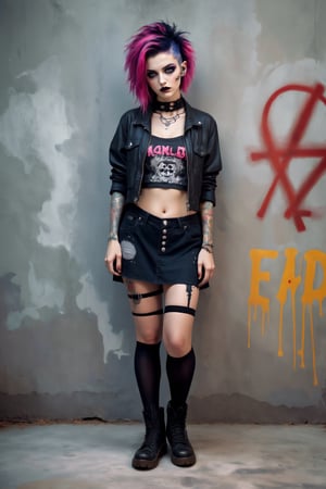 beautiful 20yo girl, Fairy Grunge fashion, She is naked, baseball boots and torn black stockings, creating a whimsical contrast to the rebellious aesthetic. Messy, multi-colored hair and makeup complete the look, baseball boots, goth person, piercings, nipple piercing, tattoos, ExStyle, Urban Grafitti covered concrete wall Background, p3rfect boobs,REALISTIC