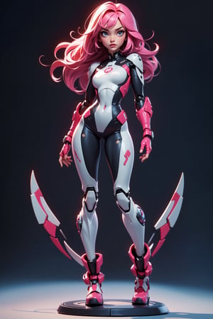 masterpiece, best quality, {{clean white background}}, (beautiful detailed face, beautiful detailed eyes), highres, ultra detailed, masterpiece, best quality, detailed eyes, full body, 1_girl, standing dynamic pose, long pink hair, slender figure, slender legs, slender hips. cybertronic metal arm, tight space suit showing off her slim figure, small breasts, large oversized moon boots, cute robotic companion with large wheels