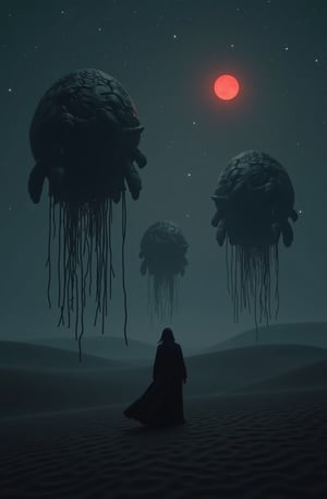 Portrait style, realism, hyper realistic, photography, oil painting, blurry effect, dynamic movement poses, Best quality, 4K, 8K, high-resolution, masterpiece, ultra-detailed, photorealistic
.
.
( photo of a black sand desert, several giant black otherworldly creatures with cable-like hanging tentacles are floating in the starry sky, a faint red sun barely shines through the cloud cover, highly detailed, cinemascope, moody, epic, photorealistic, color graded cinematic, atmospheric lighting, award winning photo, film grain ), 
.
.
Digital illustration, Digital Painting, digital art style, full body, fantasy detailers, more details, oil painting effect, fantasy art style,