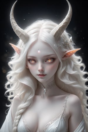 ((full_body)), (long intricate horns:1.2), sensual albino demon girl with enchantingly beautiful, alabaster skin, {{{naked breasts}}}, thinking, thoughtful, A benevolent smile, girl has beautiful deep eyes, soft expression, Depth and Dimension in the Pupils, Her porcelain-like white skin reflects an almost celestial glow, highlighting her ethereal nature, bright sunglight background, backlight, ornate jewels, the scene is Illuminated with soft enchanting light to accentuate the magical and mysterious atmosphere, goth person, realistic, Wonder of Art and Beauty, ghost person,ghost person,F41Arm0rXL ,DonMM4g1cXL ,glitter,shiny