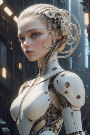 Masterpiece, {{{full_body}}}, {{{full_figure}}}, Oil painting of an beautiful female cyborg. Pale white skin with a rubbery plastic look, glistening, pearlescent skin. beautiful face, made to look almost human, but has an eerie quality, vacant eyes, luscious pouting lips, dreamlike, hyperrealistic, instanely detailled soft color, dreamlike, surrealism, plain graduated pale background, intricate details, 3D rendering, octane rendering. Art in pop surrealism lowbrow creepy cute style. Inspired by Ray Caesar. Vintage art, ((art deco background)), opaque colors, light grain, indirect lighting, aesthetic portrait, DonMCyb3rN3cr0XL,cyborg,science fiction