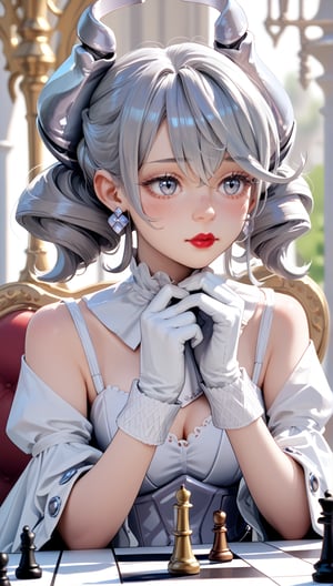 lovely,lovely_labrynth,  Blush, score_9, score_8_up, score_7_up, lipstick, gray hair, gloves, chess