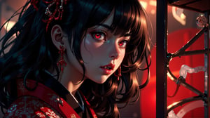 Kyoto Animation stylized anime, a vampire asian woman with black hair, and red eyes, small round nose, puffy lips, mouth open, with detailed ornate kimono, red kimono, fantasypunk. Cinematic lighting, ethereal light, intricate details, extremely detailed, incredible details, full colored, complex details, insanely detailed and intricate, hyper maximalist, extremely detailed with rich colors. masterpiece, best quality, HDR, UHD, unreal engine. Representative, fair skin, rich in details High quality, gorgeous, 8k, super detail, gorgeous light and shadow, detailed decoration, detailed lines,glitter,REALNIME, tronggg, vampire fang, SUPERNATURAL,vampire fangs teeth