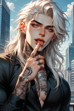 (score_9, score_8_up), score_7_up, solo, long hair, looking at viewer, blue eyes, shirt, long sleeves, 1boy, jewelry, upper body, white hair, male focus, earrings, outdoors, open clothes, sky, day, tongue, hand up, tongue out, blue sky, grey eyes, black shirt, tattoo, piercing, ring, thick eyebrows, pectorals, building, ear piercing, skin tight, city, tight, skyscraper, chest tattoo, multiple rings, neck tattoo, tongue piercing, eyebrow piercing, hand tattoo