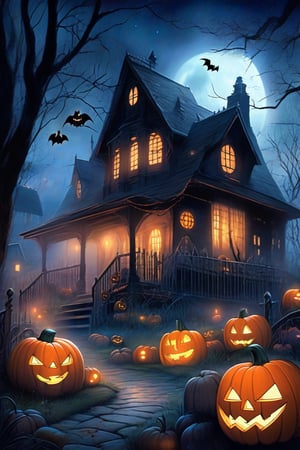  A spooky Halloween landscape with a old house, pumpkins, bats, ghost and a whimsical touch: A misty moonlit night frames the scene, with the creaking old house looming large in the center. Cobwebs cling to its crooked roof, while jack-o'-lanterns of varying sizes dot the yard, their carved faces aglow with an otherworldly light.