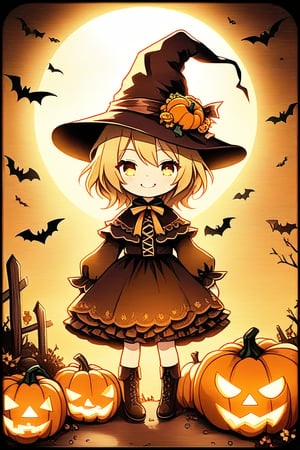 A whimsical, little chibi scarecrow stands tall amidst a cornucopia of Halloween pumpkins in the rustic countryside. Framed by a sun-kissed horizon, the scarecrow's bright yellow smile and wide-brimmed hat contrast with the eerie ambiance. Soft, golden lighting highlights the pumpkins' intricate carvings, while the scarecrow's delicate, Chibi-inspired features exude playful innocence. Chibi style