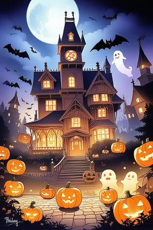 A spooky Halloween landscape with a old house, pumpkins, bats, ghost and a whimsical touch: A misty moonlit night frames the scene, with the creaking old mansion looming large in the center. Cobwebs cling to its crooked roof, while jack-o'-lanterns of varying sizes dot the yard, their carved faces aglow with an otherworldly light. Chibi and cartoon style