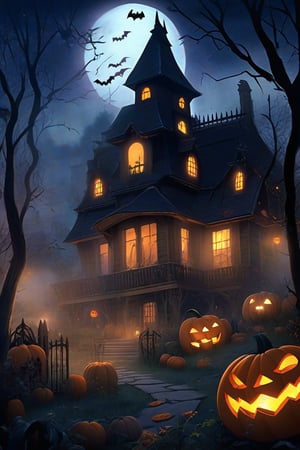  A spooky Halloween landscape with a old house, pumpkins, bats, ghost and a whimsical touch: A misty moonlit night frames the scene, with the creaking old house looming large in the center. Cobwebs cling to its crooked roof, while jack-o'-lanterns of varying sizes dot the yard, their carved faces aglow with an otherworldly light.