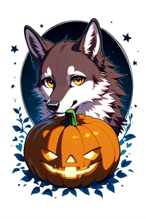 A whimsical illustration of a sweet Halloween wolf, rendered in crisp black lines on a pristine white background, perfect for beginners to hone their skills. The pumpkin's gentle curves and subtle texture are defined by bold strokes, set against a clean canvas that allows the viewer's eye to wander and appreciate the subject's charm.