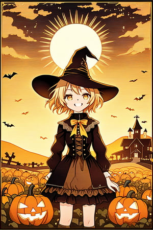 A whimsical, miniature scarecrow stands tall amidst a cornucopia of Halloween pumpkins in the rustic countryside. Framed by a sun-kissed horizon, the scarecrow's bright yellow smile and wide-brimmed hat contrast with the eerie ambiance. Soft, golden lighting highlights the pumpkins' intricate carvings, while the scarecrow's delicate, Chibi-inspired features exude playful innocence.