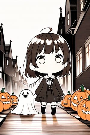 A Halloween scene: a little zombie and a little ghost with candles and pumpkins in the street. Black outlines on a crisp white background await the touch of a young artist. Simple lines and minimal details make this chibi-style perfect for beginners.