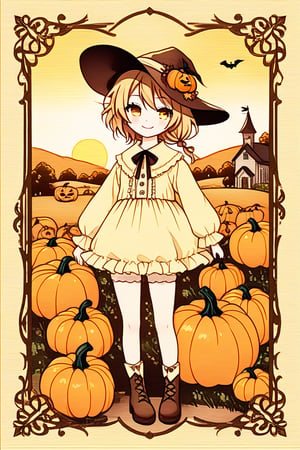 A whimsical, miniature scarecrow stands tall amidst a cornucopia of Halloween pumpkins in the rustic countryside. Framed by a sun-kissed horizon, the scarecrow's bright yellow smile and wide-brimmed hat contrast with the eerie ambiance. Soft, golden lighting highlights the pumpkins' intricate carvings, while the scarecrow's delicate, Chibi-inspired features exude playful innocence. Chibi style