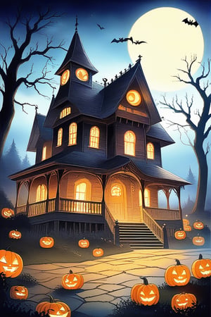 A spooky Halloween landscape with a old house, pumpkins, bats, ghost and a whimsical touch: A misty moonlit night frames the scene, with the creaking old house looming large in the center. Cobwebs cling to its crooked roof, while jack-o'-lanterns of varying sizes dot the yard, their carved faces aglow with an otherworldly light. 