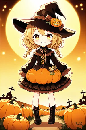 A whimsical, little chibi scarecrow stands tall amidst a cornucopia of Halloween pumpkins in the rustic countryside. Framed by a sun-kissed horizon, the scarecrow's bright yellow smile and wide-brimmed hat contrast with the eerie ambiance. Soft, golden lighting highlights the pumpkins' intricate carvings, while the scarecrow's delicate, Chibi-inspired features exude playful innocence. Chibi style