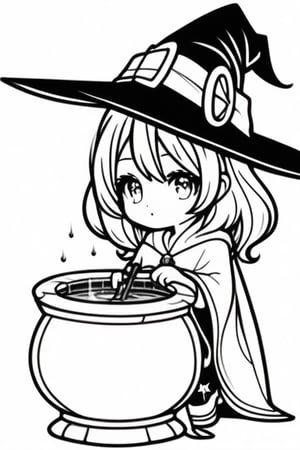 a spooky delight! Here is a black and white Halloween drawing to color for kids in chibi style:

An adorable little witch whit a pointy hat sits on a cauldron. Black outlines on a crisp white background await the touch of a Young artist. The simples lines and minimal details make this chibi-style witch perfect for beginners 