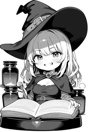 A whimsical black and white drawing of a witch with her cauldron and pointed hat, depicted in a defined line style suitable for beginners. A chibi-inspired rendering features bold black lines against a crisp white background, emphasizing the witch's mischievous grin as she stirs the bubbling potion within her steaming cauldron, set against a darkened laboratory backdrop with scattered books and mysterious artifacts surrounding her.