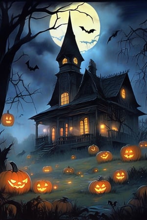  A spooky Halloween landscape with a old house, pumpkins, bats, ghost and a whimsical touch: A misty moonlit night frames the scene, with the creaking old house looming large in the center. Cobwebs cling to its crooked roof, while jack-o'-lanterns of varying sizes dot the yard, their carved faces aglow with an otherworldly light.